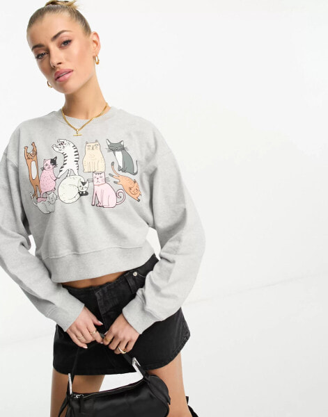 New Love Club cropped sweatshirt with cat print in grey melange