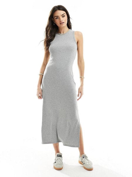 Object racer neck jersey maxi dress in light grey melange