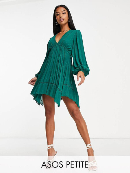 ASOS DESIGN Petite v front trim detail pleated dobby mini dress in forest green