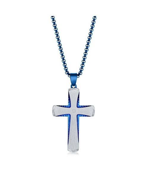 Men's Stainless Steel Silver & Blue Plated Single CZ Cross Necklace