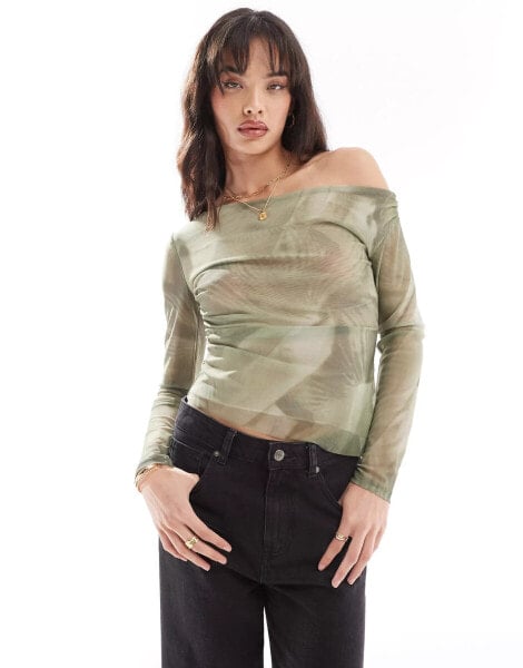 Pull&Bear one shoulder mesh long sleeved top in green print