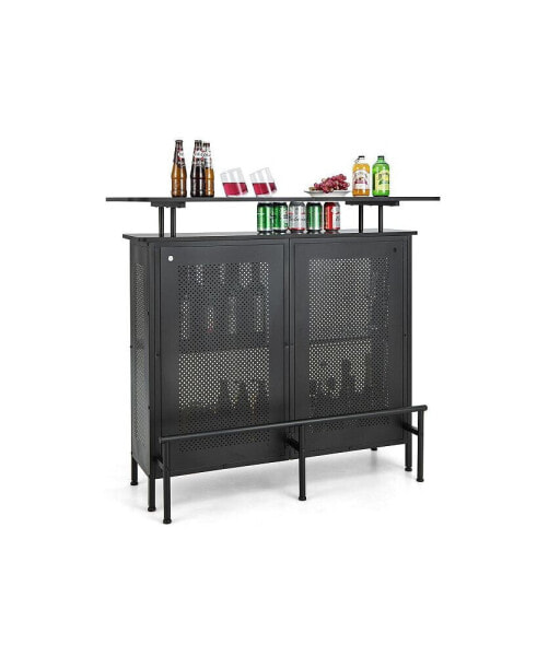 4-Tier Liquor Bar Table with 6 Glass Holders and Metal Footrest-Black