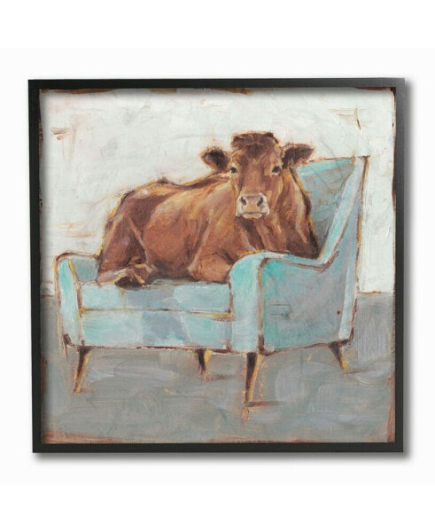 Brown Bull on A Blue Couch Neutral Color Painting Framed Texturized Art, 12" L x 12" H