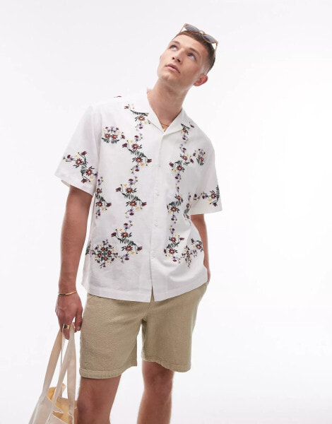 Topman short sleeve relaxed embroidered floral shirt in white