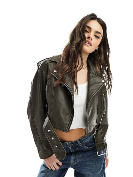 ONLY faux leather cropped biker in wash black