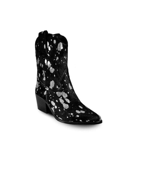 Women's Black Leather Western Women's Boots With Silver Splashes, Calf By