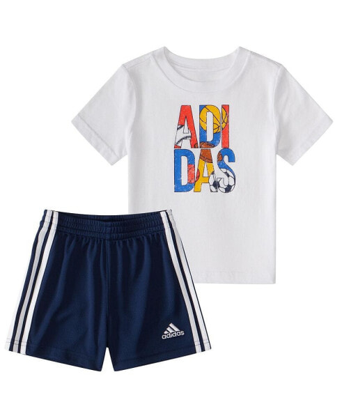 Baby Boys Graphic Cotton T-shirt and 3-Stripe Shorts, 2 Piece Set