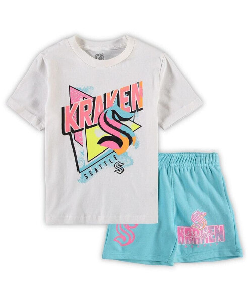 Preschool Boys and Girls White, Light Blue Seattle Kraken Wave Breaker T-shirt and Shorts Set