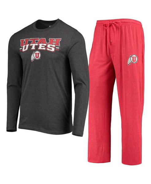 Men's Red, Heathered Charcoal Distressed Utah Utes Meter Long Sleeve T-shirt and Pants Sleep Set
