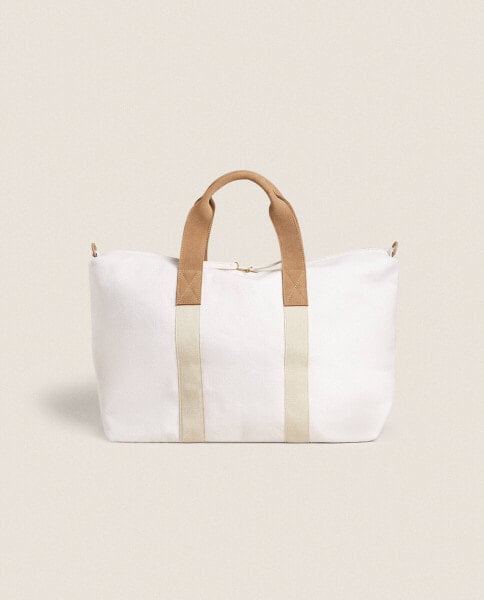 Fabric tote bag with leather detail