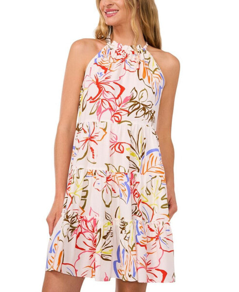 Women's Tropical Tie-Back Halter Tiered Mini Dress