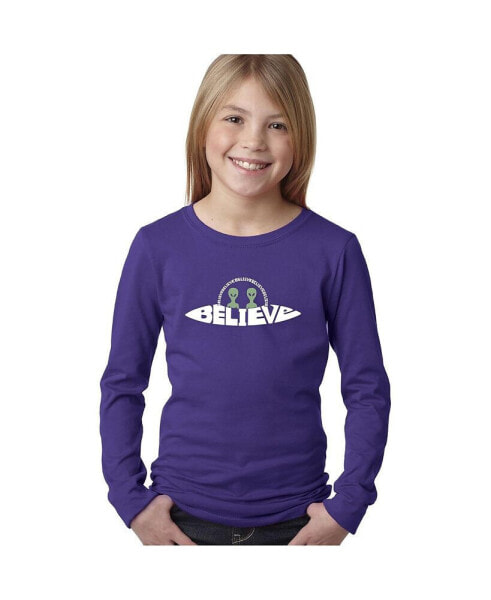 Child Believe UFO - Girl's Word Art Long Sleeve T-Shirt
