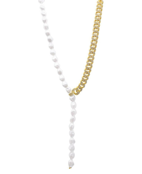 ADORNIA 14k Gold-Plated Pavé Chain & Mother-of-Pearl Asymmetrical Lariat Necklace, 15" + 2" extender