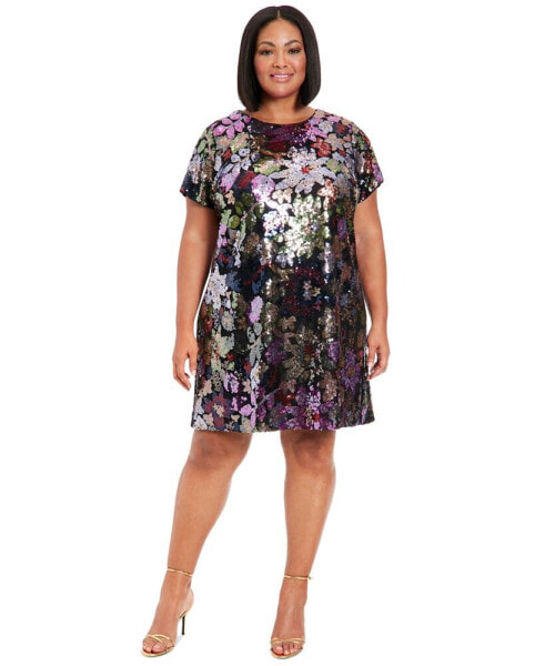 Plus Size Floral-Sequin Round-Neck T-Shirt Dress