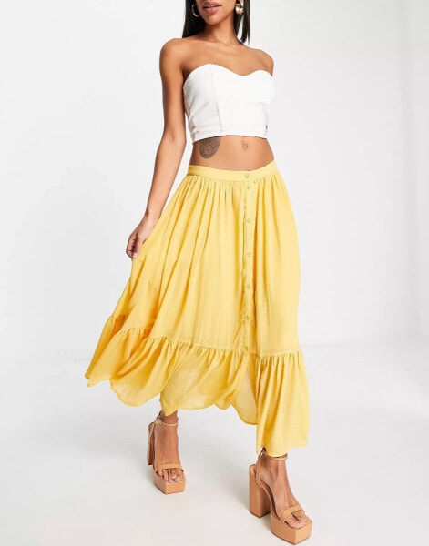 French Connection ruffle hem midi skirt in mustard