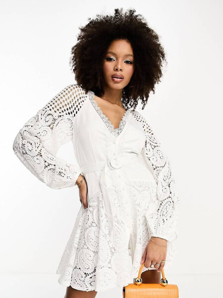 ASOS DESIGN lace insert belted mini dress with button detail in white