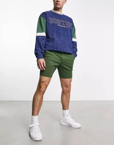 ASOS DESIGN skinny shorts in mid length in khaki