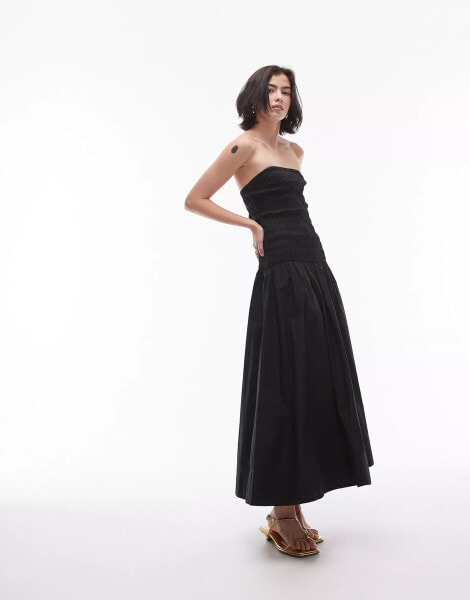 Topshop shirring bandeau maxi dress in black