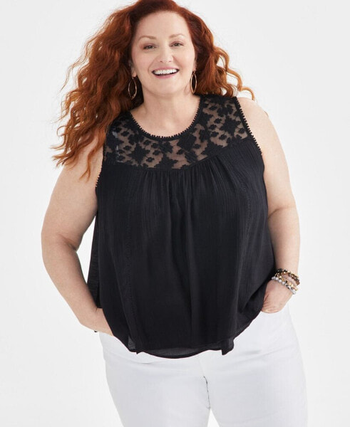 Plus Size Sleeveless Embroidered Mesh Tank Top, Created for Macy's