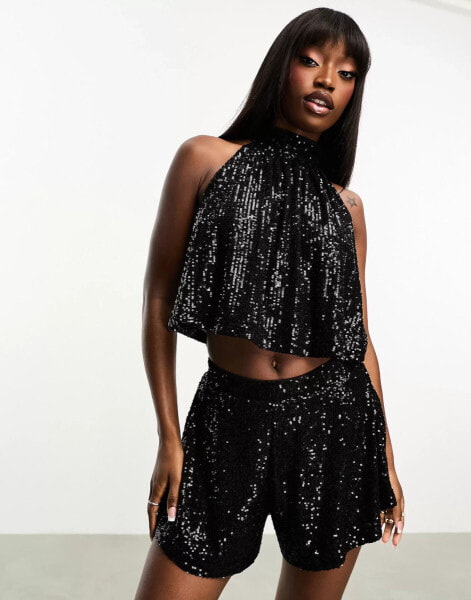 ASOS DESIGN co-ord sequin swing top in black