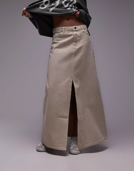 Topshop denim low slung maxi skirt in sand