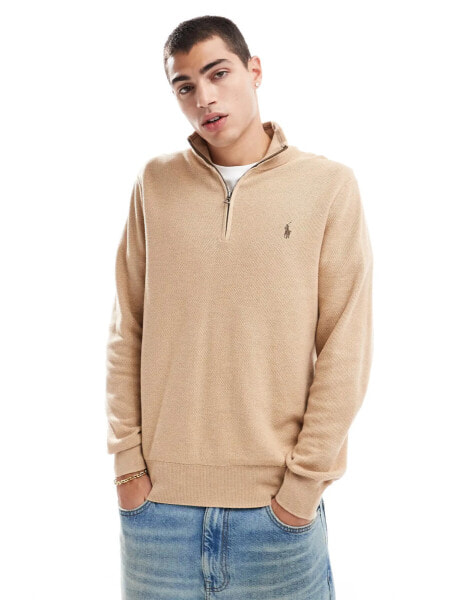 Polo Ralph Lauren icon logo half zip cotton knit jumper in camel marl