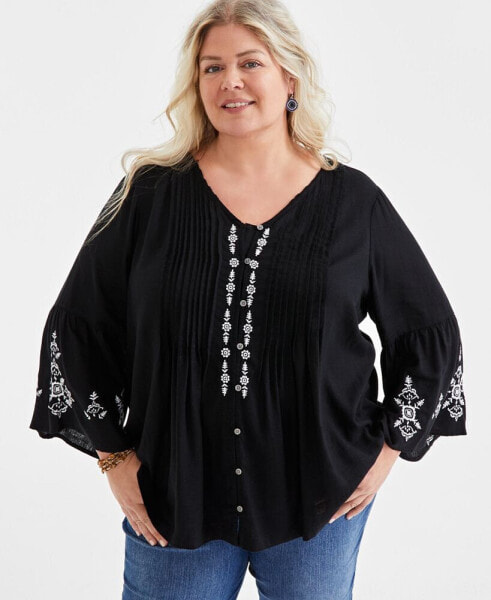 Plus Size Embroidered Pintuck Blouse, Created for Macy's