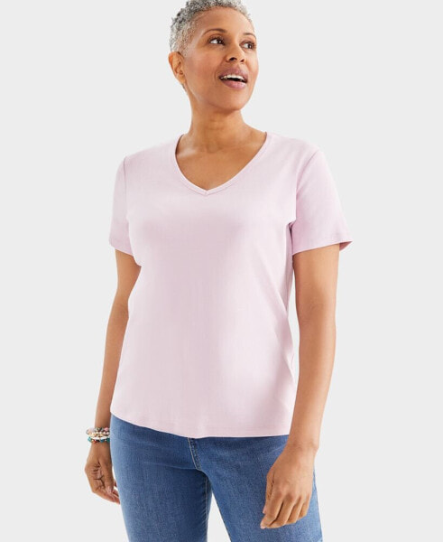 Women's Short Sleeve V-Neck Cotton Top, Created for Macy's