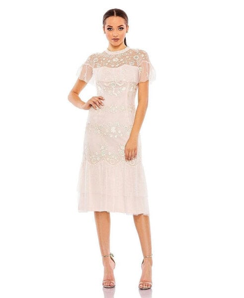 Women's High Neck Mesh Tier Embroidered Dress