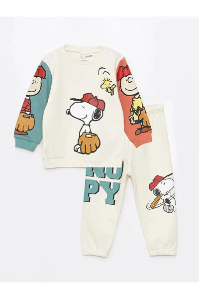 LCW baby Bisiklet Yaka Uzun Kollu Snoopy Baskılı Erkek Bebek Sweatshirt ve Eşofman Alt 2'li Takım