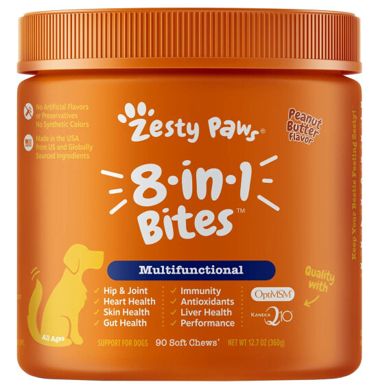 Zesty Paws, многофункциональные таблетки для собак с полезными микроэлементами, 8 в 1, для любого возраста, арахисовое масло, 90 мягких жевательных таблеток