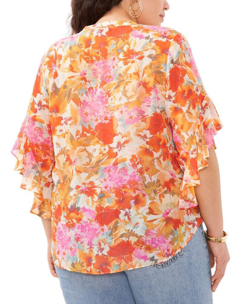 Plus Size Pintucked Floral Print Flutter Sleeve Top