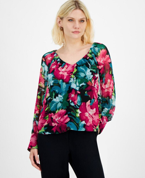 Petite Printed V-Neck Blouse, Created for Macy's