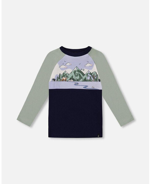 Baby Boys Baby Raglan T-Shirt With Print Sage And Navy