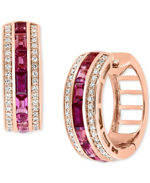 EFFY® Ruby (1/5 ct. t.w.), Pink Tourmaline (7/8 ct. t.w.), & Diamond (1/3 ct. t.w.) Small Huggie Hoop Earrings in 14k Rose Gold, 0.75"