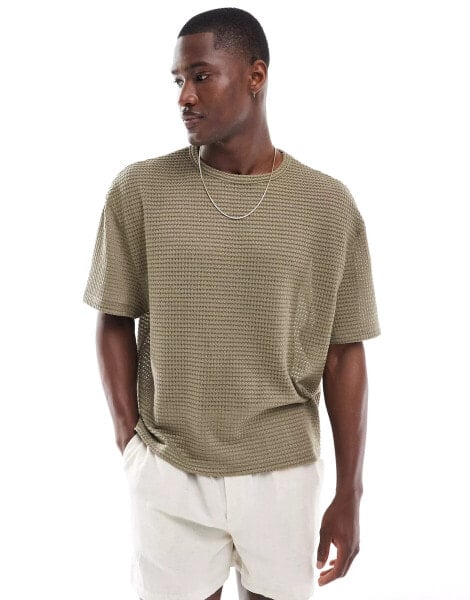 ASOS DESIGN boxy oversized t-shirt in khaki crochet