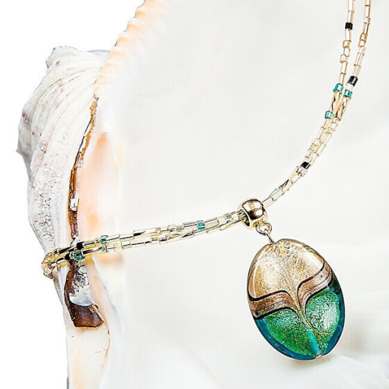 Elegant women´s necklace Green Sea World with Lampglas pearl with 24 carat gold and aventurine NP26