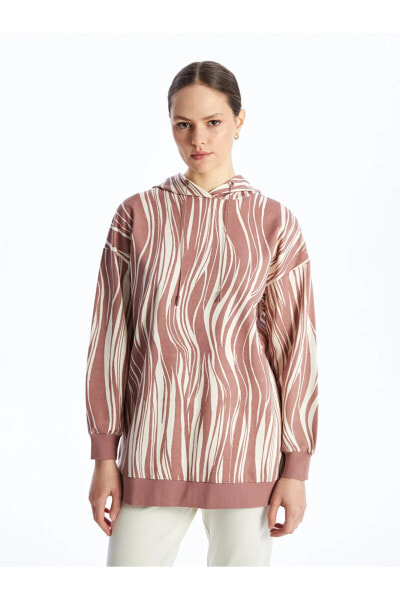 LCW Modest Kapüşonlu Desenli Uzun Kollu Kadın Sweatshirt Tunik Tunik