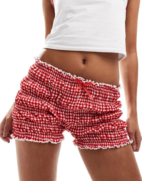 Reclaimed Vintage ruched mini short with bow in red gingham