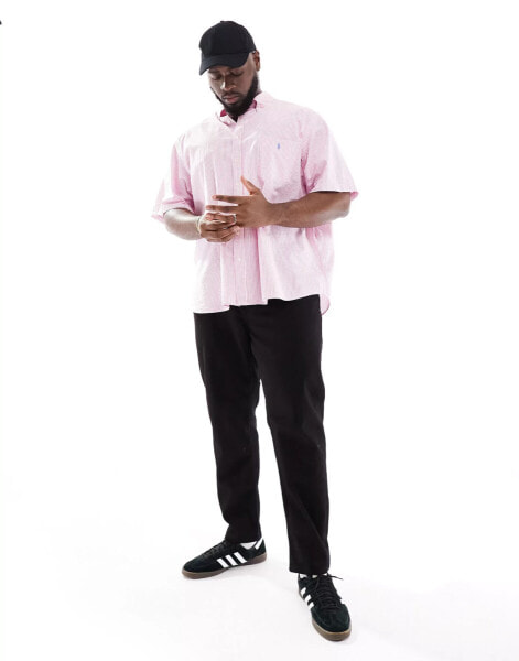 Polo Ralph Lauren Big & Tall icon logo short sleeve stripe seersucker shirt classic oversized fit in pink/white