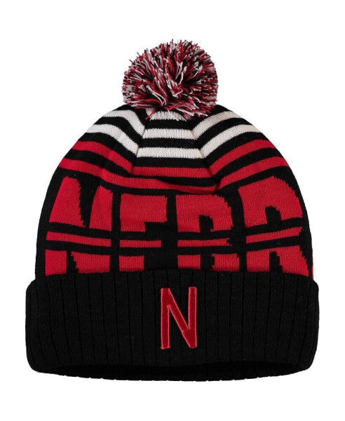 Men's Black and Scarlet Nebraska Huskers Colossal Cuffed Knit Hat with Pom