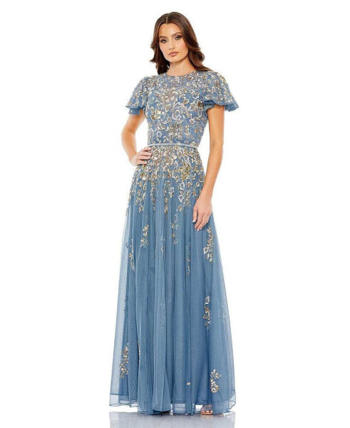 Women's Embellished Butterfly Sleeve High Neck Gown