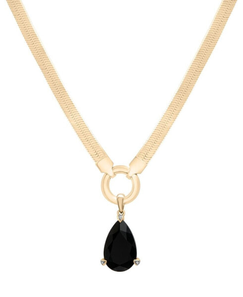 Onyx & Diamond Accent Pear-Shaped Herringbone 18" Pendant Necklace in 14k Gold-Plated Sterling Silver