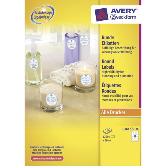 Avery Zweckform Avery Round labels - round - white - All printer types - permanent - Ø 60 mm - White - Self-adhesive printer label - A4 - Paper - Laser/Inkjet - Permanent