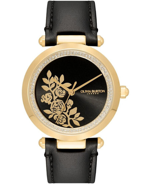 Women's Signature Floral Black Leather Strap Watch 34mm