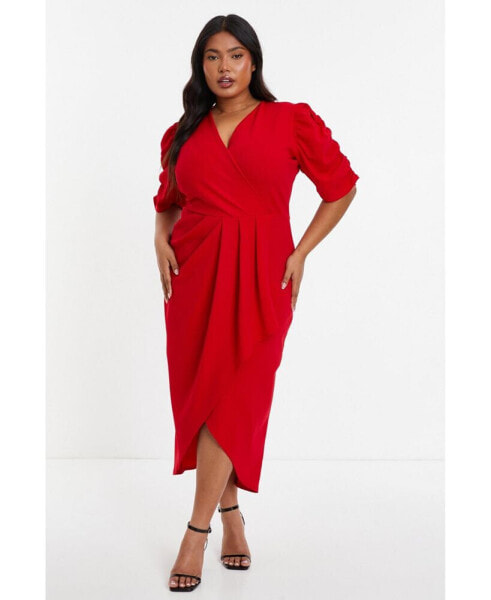 Plus Size Wrap Pleated Ruched Sleeve Midi Dress