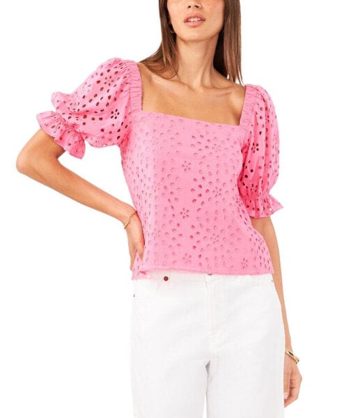 Women's Eyelet Puff-Sleeve Square Neck Top