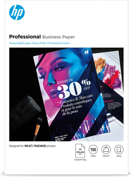 HP Professional Business Paper - Glossy - 180 g/m2 - A3 (297 x 420 mm) - 150 sheets - Inkjet printing - A3 (297x420 mm) - Gloss - 150 sheets - 180 g/m² - White