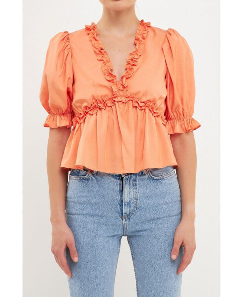 Women's Ruffle Detail Top with Puff Sleeves