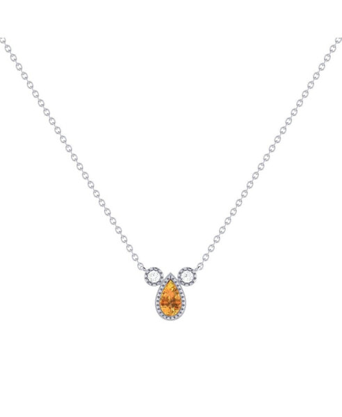 Pear Citrine Gemstone Round Natural Diamond 14K White Gold Birthstone Necklace
